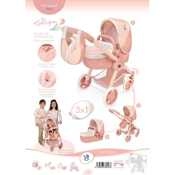 DeCuevas 80574 3-in-1-Klappwagen für Puppen mit Tasche Tulipe 70 cm