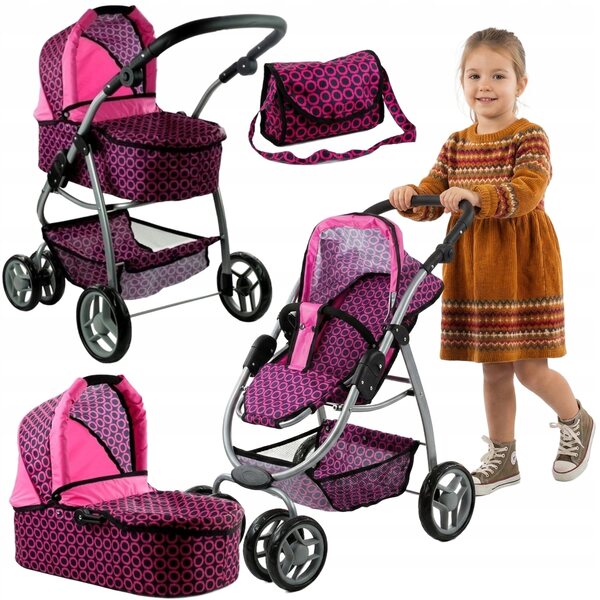 3-in-1-Poussette für Puppen mit Gondel, Kinderwagen und Tasche für Mädchen
