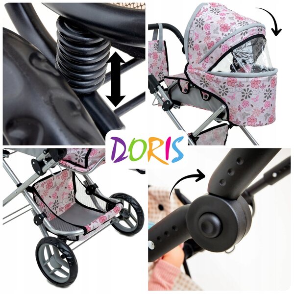 Wòzek für 3-in-1-Doris-Puppen mit Tasche, Wickelauflage und realistischem Design