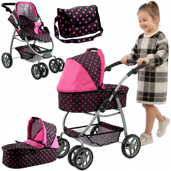 3in1 Puppenwagen mit Gondel und Kinderwagen, Tasche und verstellbarem Griff