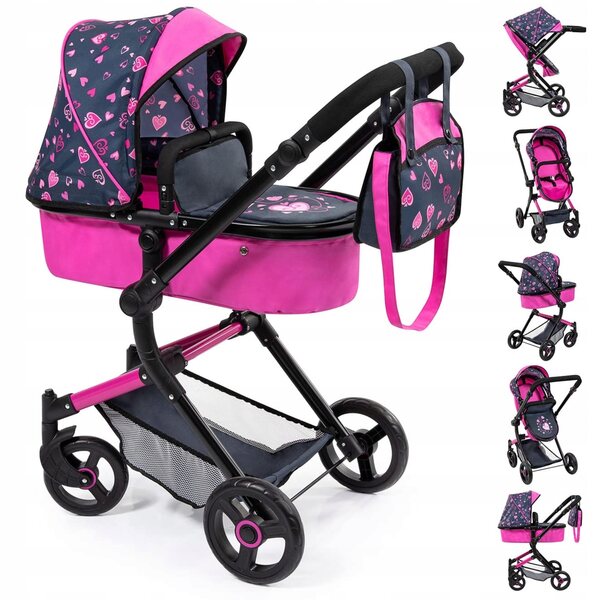 Bayer Combi Neo Vario Puppenwagen mit Tasche und rosa-schwarzem Herzdesign