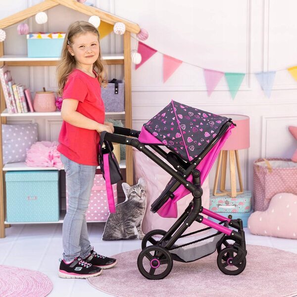Bayer Combi Neo Vario Puppenwagen mit Tasche und rosa-schwarzem Herzdesign