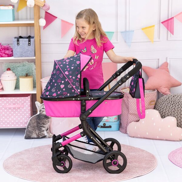 Bayer Combi Neo Vario Puppenwagen mit Tasche und rosa-schwarzem Herzdesign