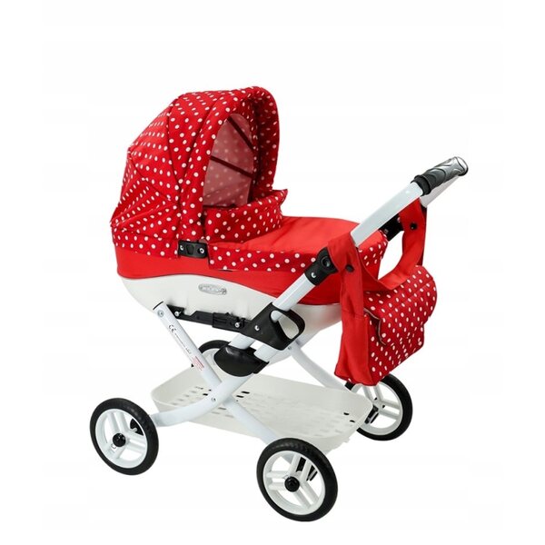 Adbor Lily LC-12 Puppenwagen, rot mit weißen Punkten, mit Tasche und Korb