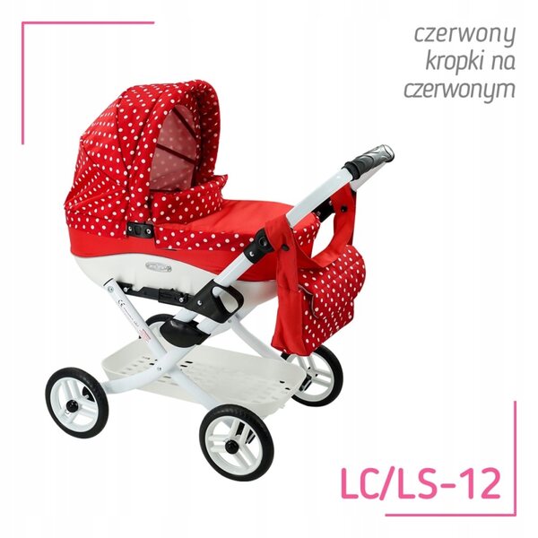 Adbor Lily LC-12 Puppenwagen, rot mit weißen Punkten, mit Tasche und Korb