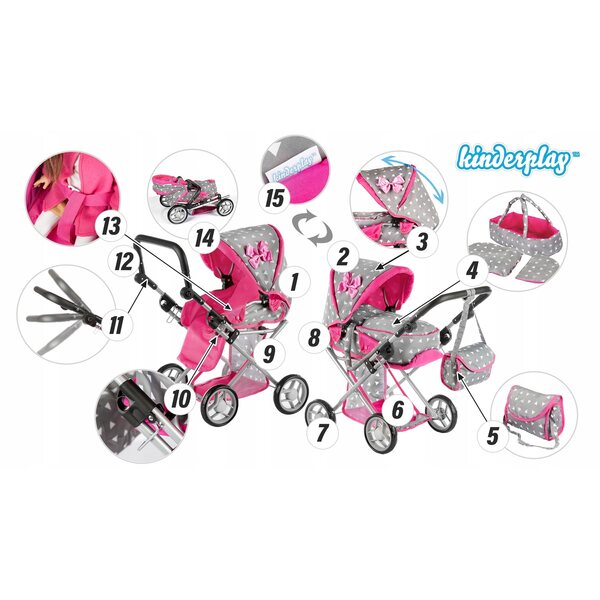 3-in-1-Kinderwagen für Kinderspielpuppen mit Puppen- und Schaumstoffrädern