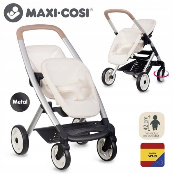 Smoby Maxi-Cosi beige Doppel-Puppenkinderwagen mit abnehmbaren Sitzen und leisen Rädern