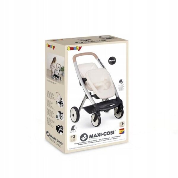 Smoby Maxi-Cosi beige Doppel-Puppenkinderwagen mit abnehmbaren Sitzen und leisen Rädern