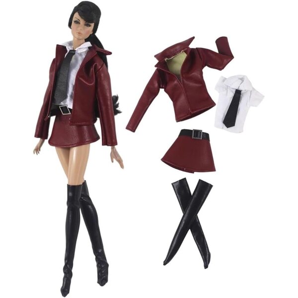 Set 4 vestiti per bambola 29,2 cm: giacca pelle, camicie, gonna, stivali, abiti casual