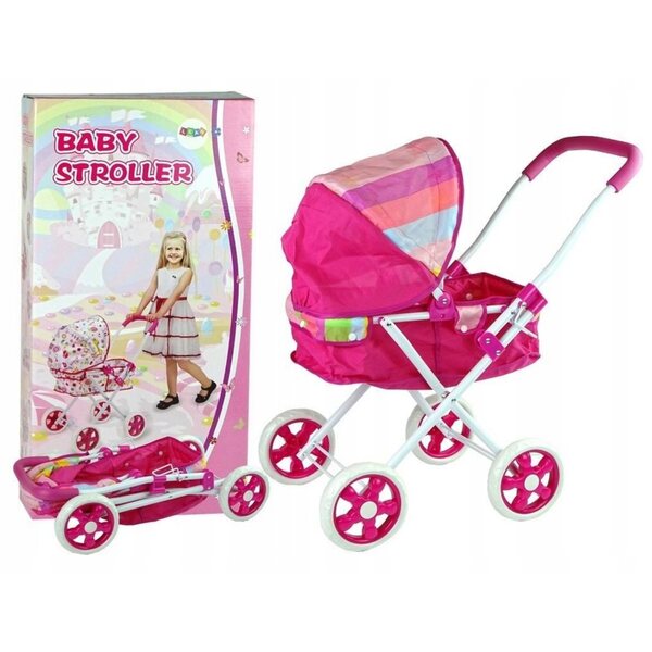 Passeggino per bambole rosa con tetto colorato, 66 cm, LEAN Toys