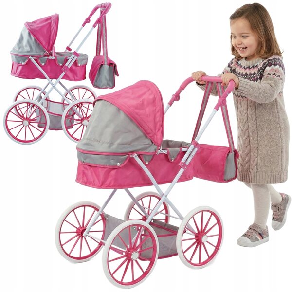 Ein tiefer und stabiler Puppenwagen aus Metall, mit großen Rädern und einer Tasche, rosa