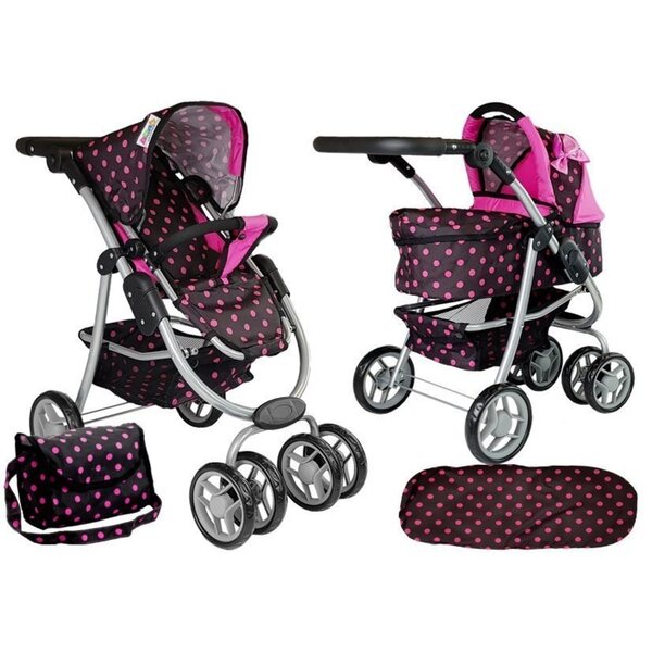 2-in-1-Kinderwagen mit Gondel und schwarz-rosa Tasche für Puppen