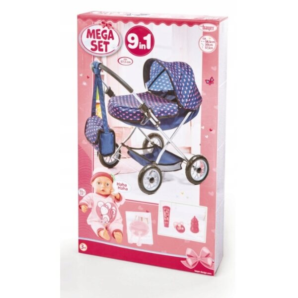 BAYER MEGA SET Tiefer Puppenwagen mit Zubehör und Tasche inklusive
