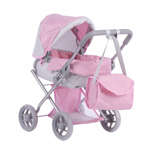 Dunkelrosa Alice-Puppenwagen mit Tasche, Bett und großem Korb
