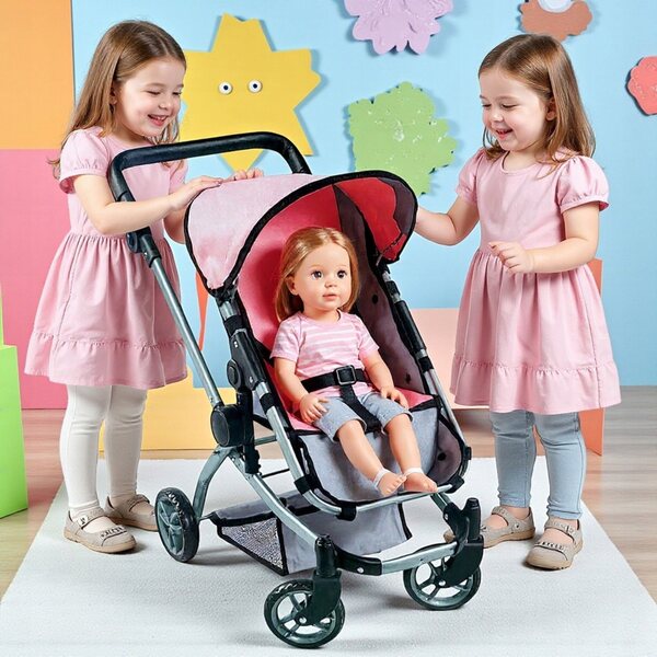 Ramiz Pink 2 in 1 tiefer Puppenwagen – Gondel und faltbarer Kinderwagen