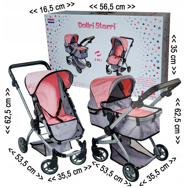 Ramiz Pink 2 in 1 tiefer Puppenwagen – Gondel und faltbarer Kinderwagen