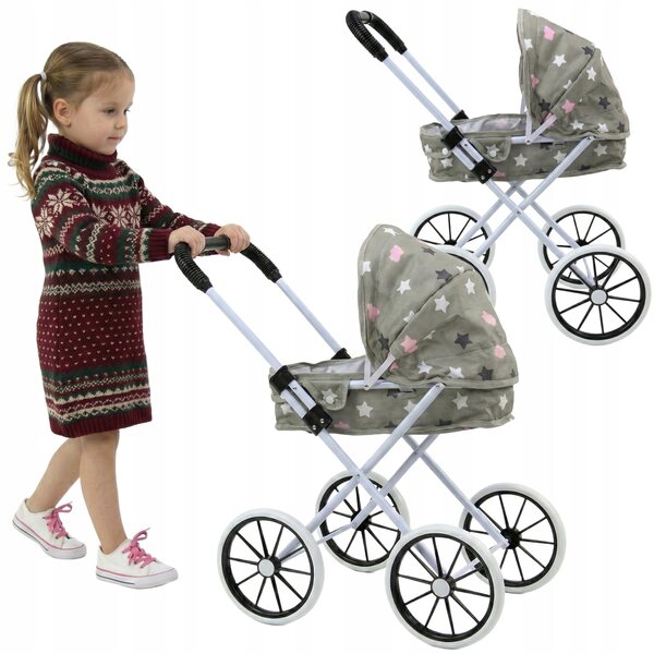 Tiefer Puppenwagen mit großen Rädern, faltbar, funktionell, grau