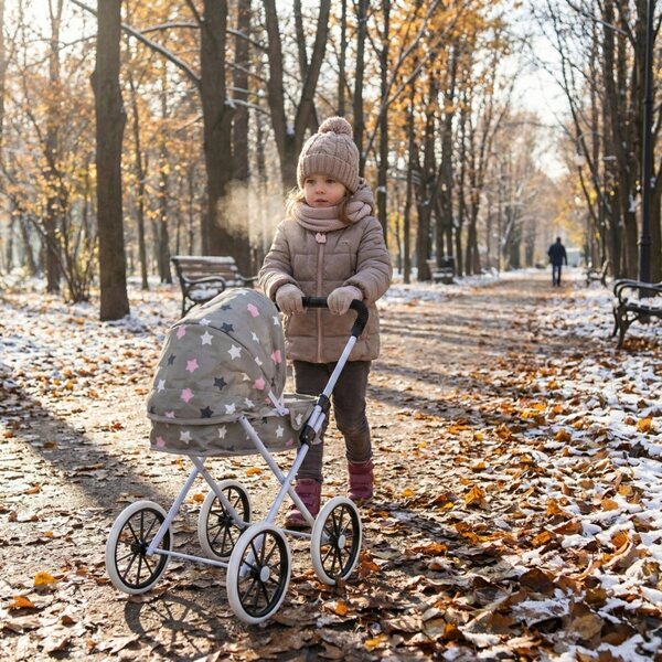 Tiefer Puppenwagen mit großen Rädern, faltbar, funktionell, grau