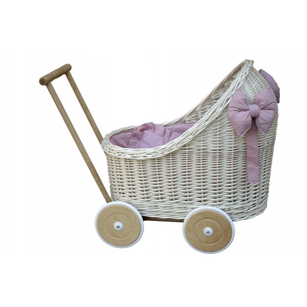 Passeggino per bambole in vimini bianco con biancheria da letto rosa sporco per bambini dai 12 mesi in su