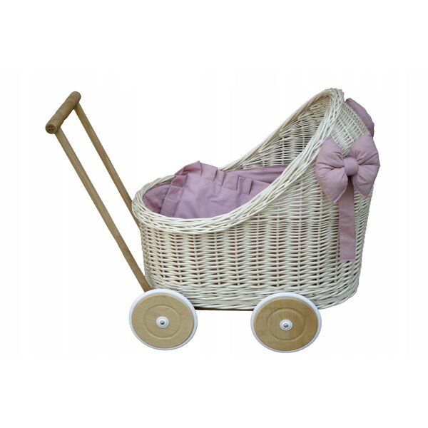 Passeggino per bambole in vimini bianco con biancheria da letto rosa sporco per bambini dai 12 mesi in su