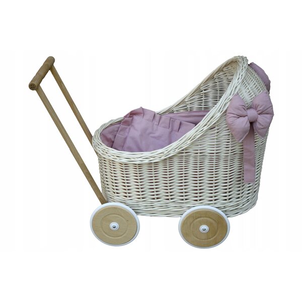 Passeggino per bambole in vimini bianco con biancheria da letto rosa sporco per bambini dai 12 mesi in su