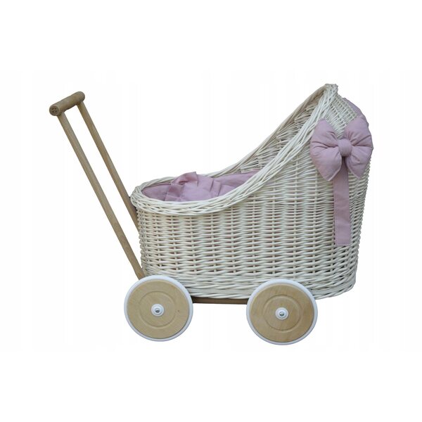 Passeggino per bambole in vimini bianco con biancheria da letto rosa sporco per bambini dai 12 mesi in su