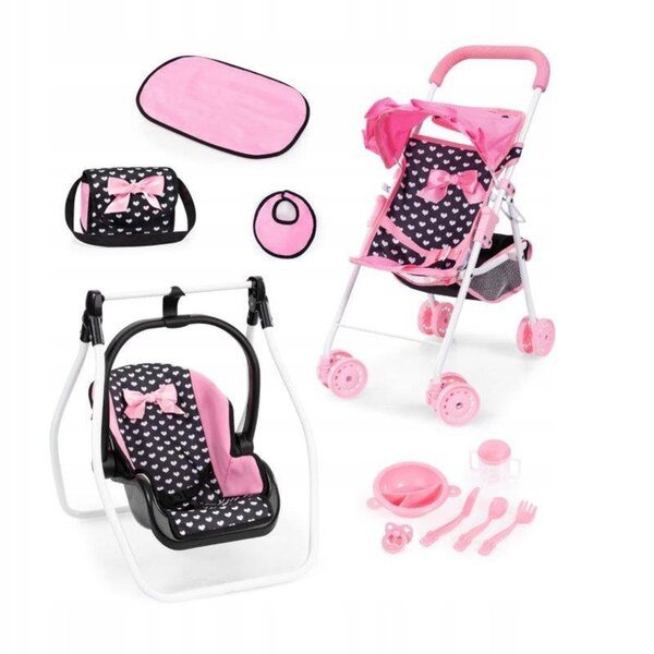 Bayer 3-in-1-Puppenkinderwagen in Rosa und Schwarz mit Schleife und Zubehör