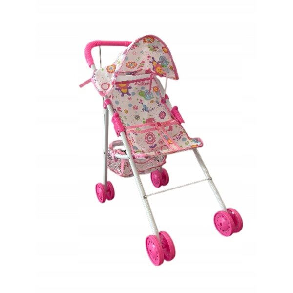 Passeggino Giocattolo Rosa per Bambole con Cappottina e Cestino, Altezza 54cm