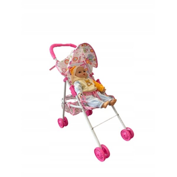 Passeggino Giocattolo Rosa per Bambole con Cappottina e Cestino, Altezza 54cm