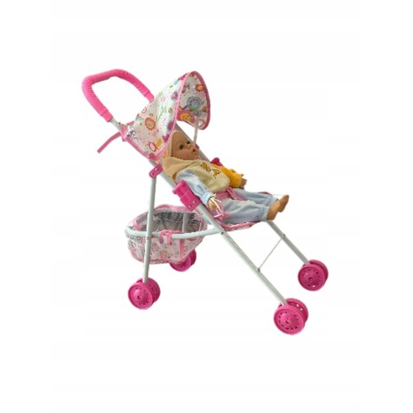 Passeggino Giocattolo Rosa per Bambole con Cappottina e Cestino, Altezza 54cm