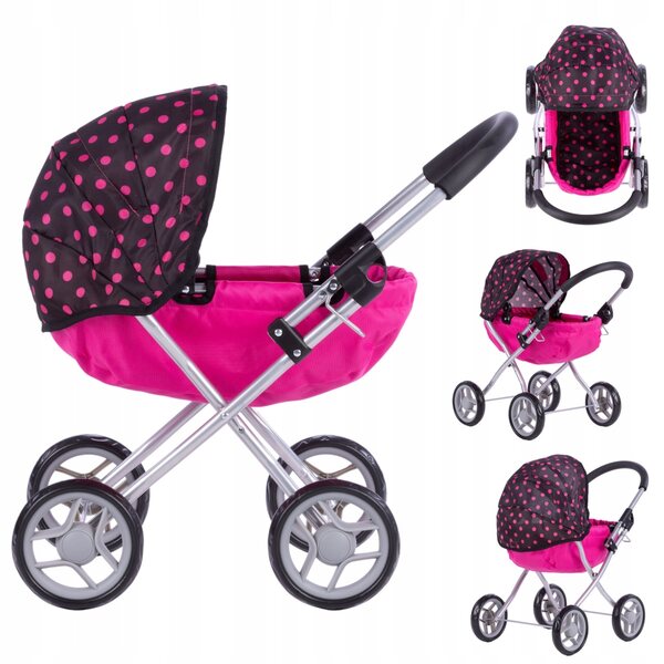 Susie Gondo Profondo Puppenwagen mit schwarzen/rosa Punkten und leisen Rädern
