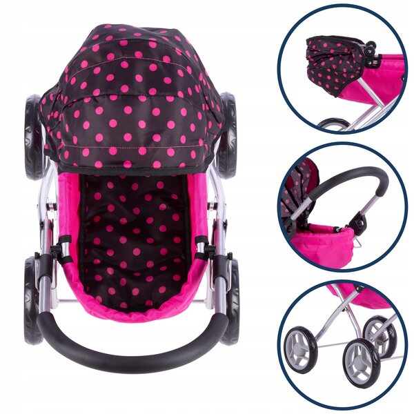 Susie Gondo Profondo Puppenwagen mit schwarzen/rosa Punkten und leisen Rädern