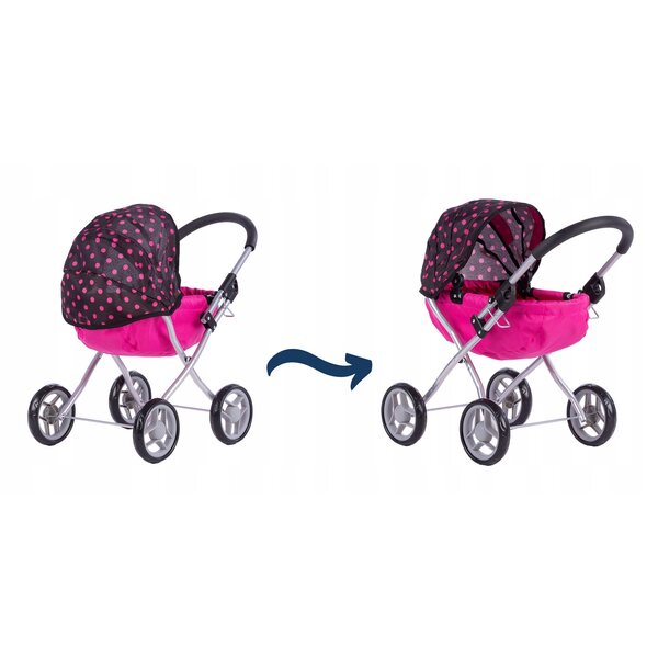 Susie Gondo Profondo Puppenwagen mit schwarzen/rosa Punkten und leisen Rädern