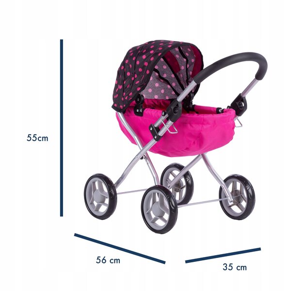 Susie Gondo Profondo Puppenwagen mit schwarzen/rosa Punkten und leisen Rädern