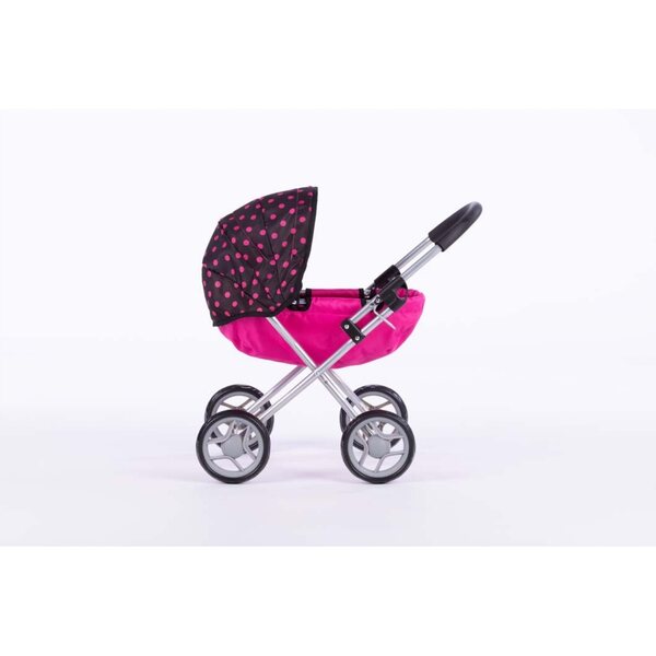 Susie Gondo Profondo Puppenwagen mit schwarzen/rosa Punkten und leisen Rädern
