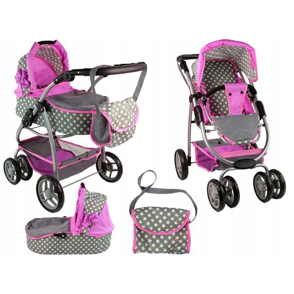 Lean Toys 2 in 1 Puppenwagen rosa mit Sternen mit Tasche und Babywanne