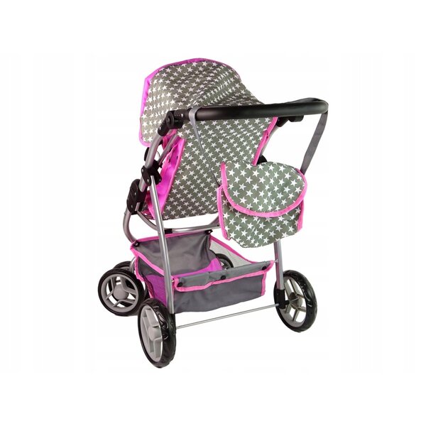 Lean Toys 2 in 1 Puppenwagen rosa mit Sternen mit Tasche und Babywanne