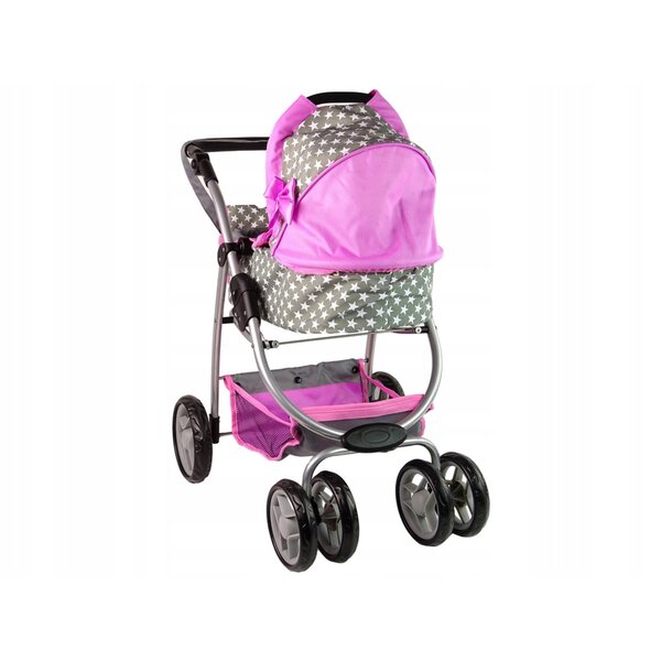 Lean Toys 2 in 1 Puppenwagen rosa mit Sternen mit Tasche und Babywanne