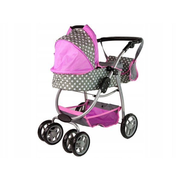 Lean Toys 2 in 1 Puppenwagen rosa mit Sternen mit Tasche und Babywanne