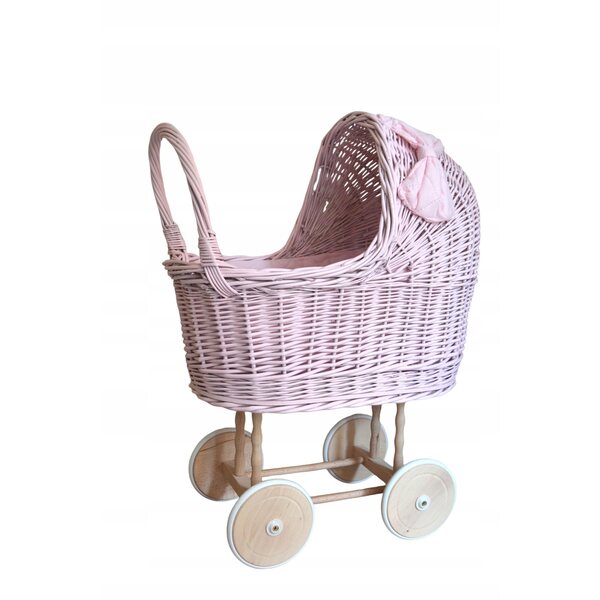 Landau rose en osier pour poupées avec roues en caoutchouc, tissu et lin inclus