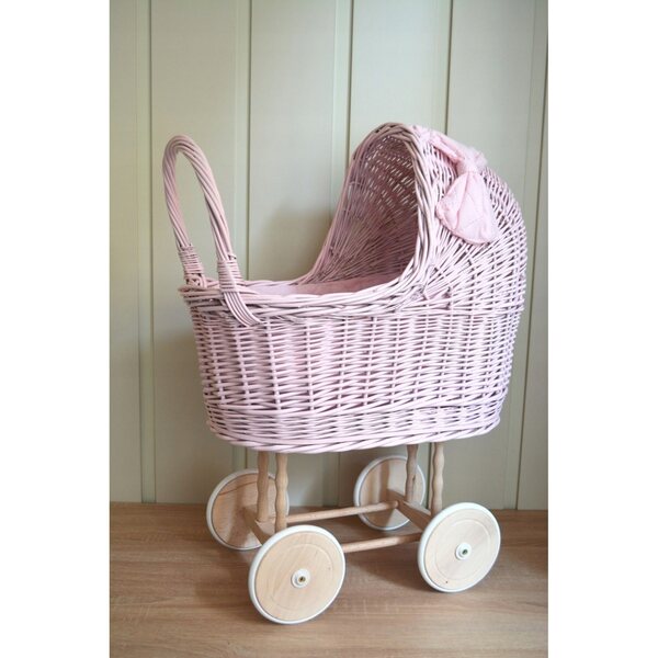 Landau rose en osier pour poupées avec roues en caoutchouc, tissu et lin inclus