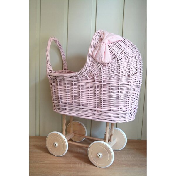 Landau rose en osier pour poupées avec roues en caoutchouc, tissu et lin inclus