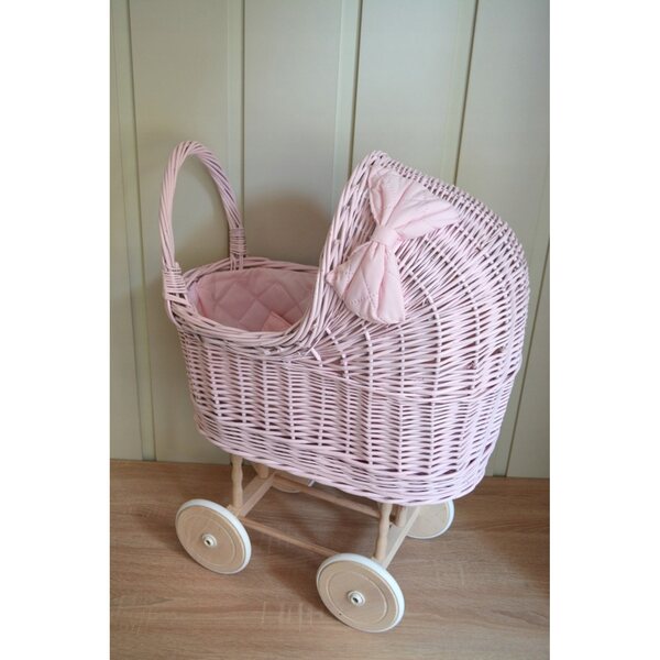 Landau rose en osier pour poupées avec roues en caoutchouc, tissu et lin inclus