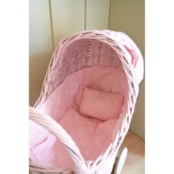 Landau rose en osier pour poupées avec roues en caoutchouc, tissu et lin inclus