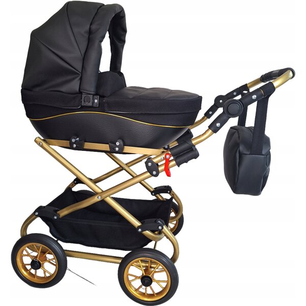 Hochwertiger schwarzer Puppenwagen mit goldenen Details, realistischem und tiefem Design