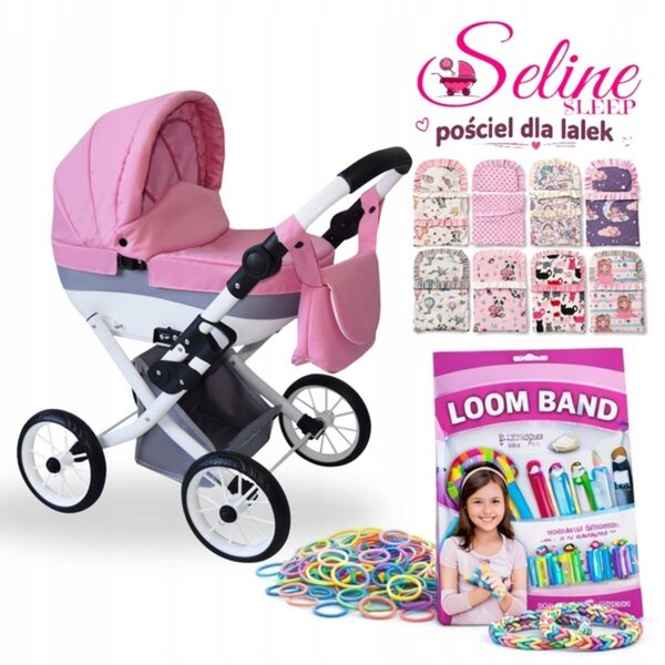 Passeggino pieghevole per bambole Seline Classic 2026 con biancheria da letto e un set di elastici GRATUITO