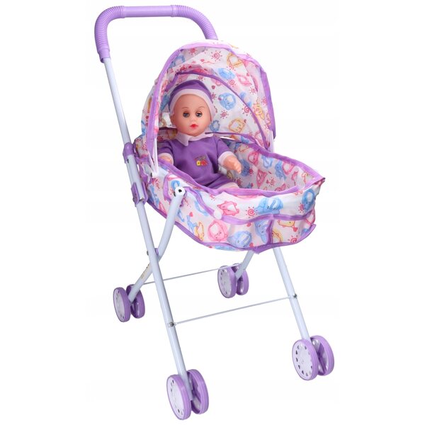 Puppenwagen mit Verdeck, Metall und farbigem Stoff, inklusive Puppe