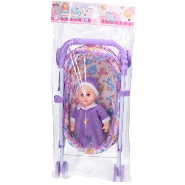 Poppenwagen met hemeltje, metaal en gekleurde stof, pop inbegrepen