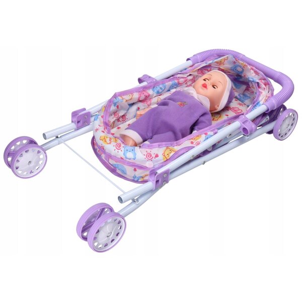 Poppenwagen met hemeltje, metaal en gekleurde stof, pop inbegrepen