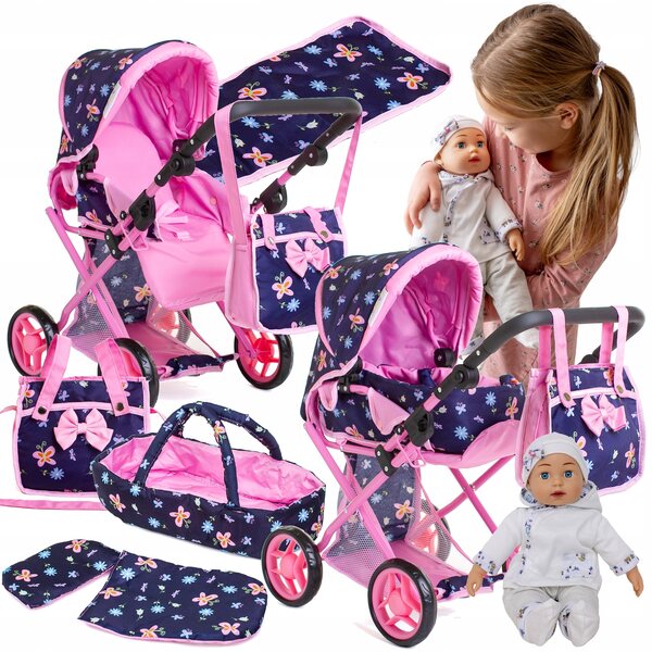 Doris 3-in-1 Puppenwagen-Set mit Puppe und Zubehör: Geräusche, Tasche, Wickelauflage